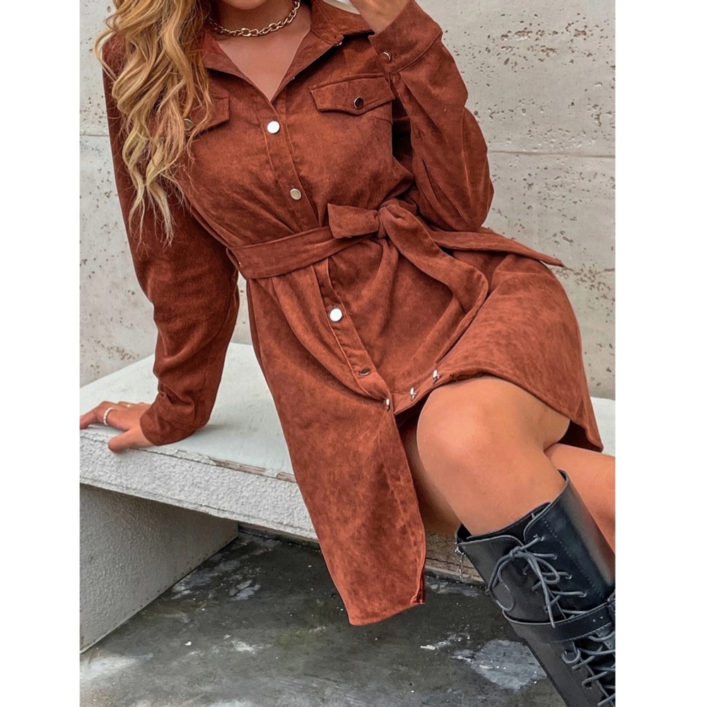 Corduroy Rust Brown Casual Button Up Shirt Style Belted Mini Dress Long Sleeves - Picture 2 of 13